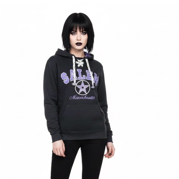 Salem MA Hockey Lace-Up Hoodie Sweatshirt Pentagram Collegiate Graphic Black S - Picture 3 of 13